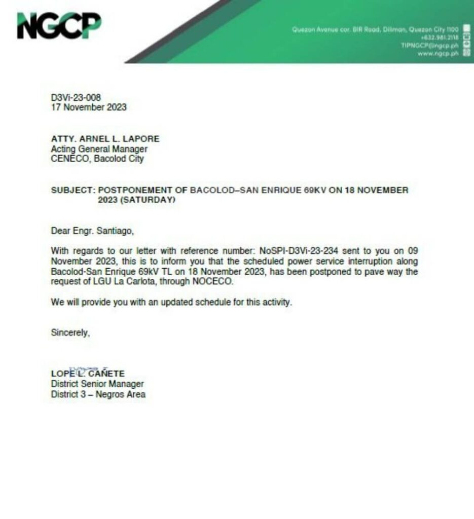 NGCP POSTPONES NOVEMBER 18 SCHEDULES POWER INTERRUPTIONS