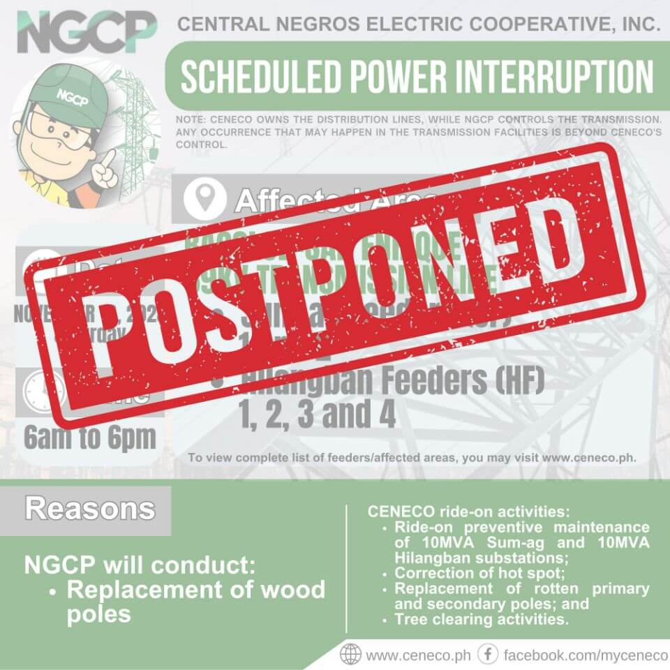 NGCP POSTPONES NOVEMBER 18 SCHEDULES POWER INTERRUPTIONS