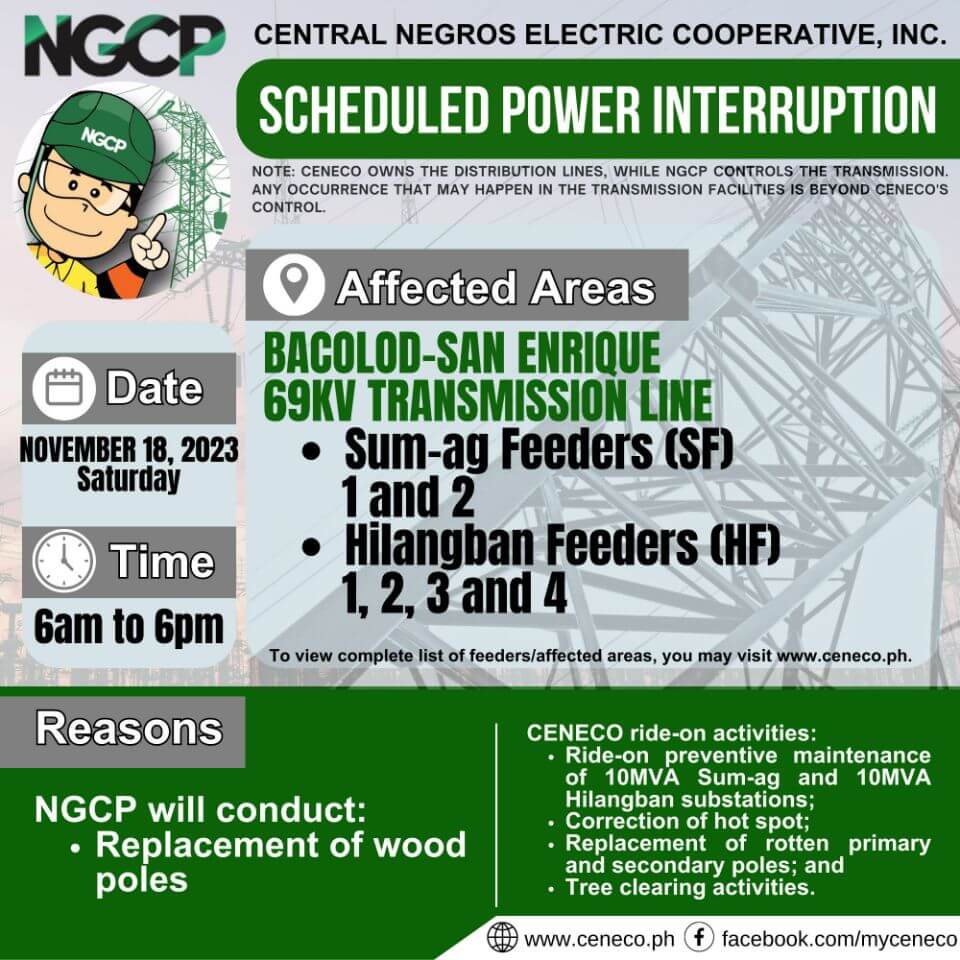 NGCP SETS POWER INTERRUPTIONS ON NOVEMBER 18, CENECO ON NOVEMBER 19