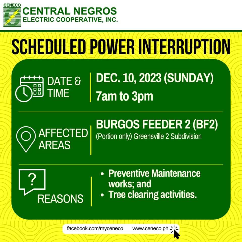 CENECO SETS POWER INTERRUPTIONS ON DECEMBER 8, 9 AND 10