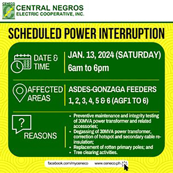 CENECO SETS POWER INTERRUPTIONS ON JANUARY 13 AND 14