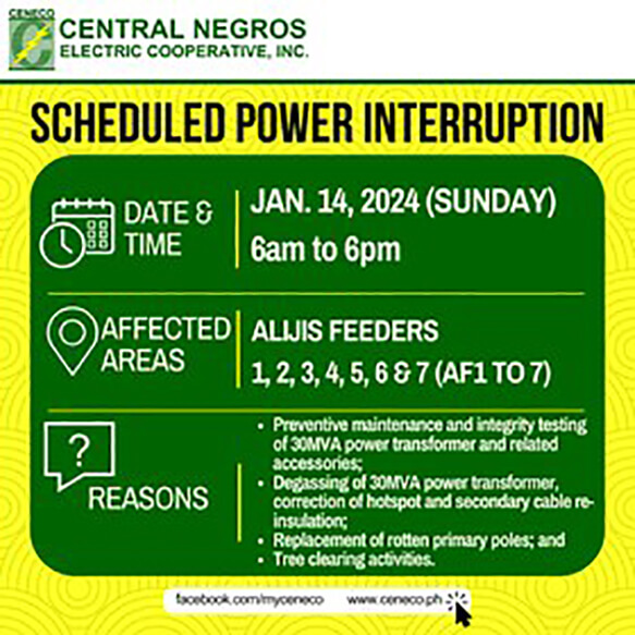 CENECO SETS POWER INTERRUPTIONS ON JANUARY 13 AND 14