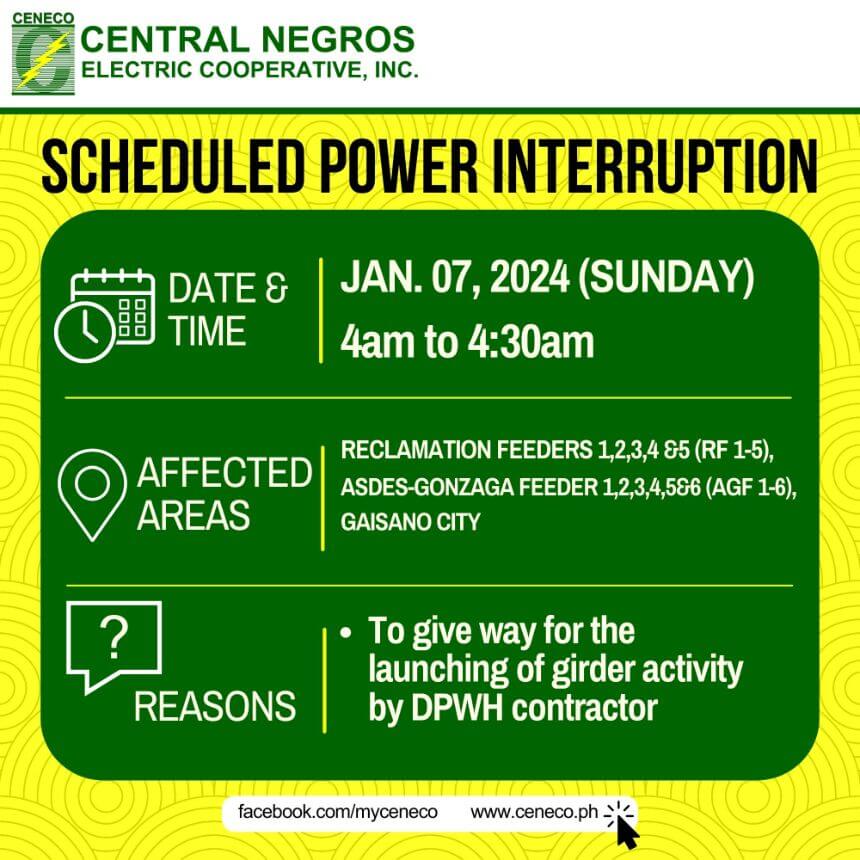 CENECO SETS POWER INTERRUPTION ON JANUARY 7