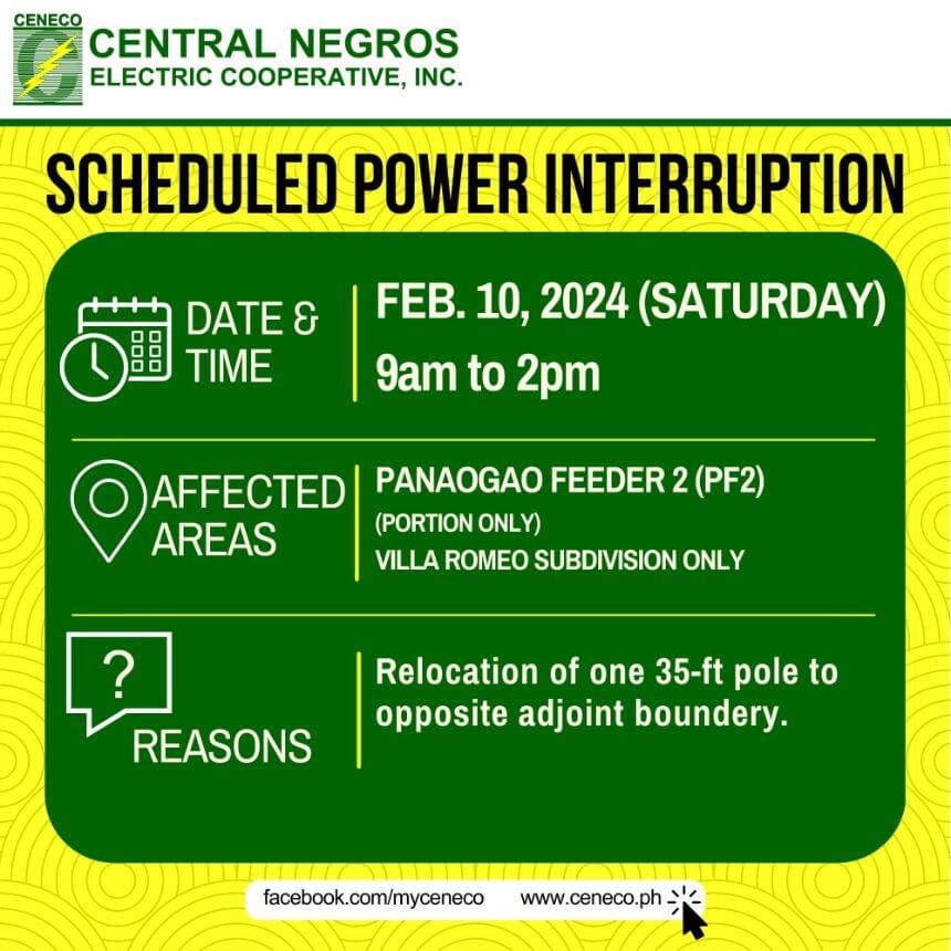 CENECO SETS POWER INTERRUPTION ON FEBRUARY 10