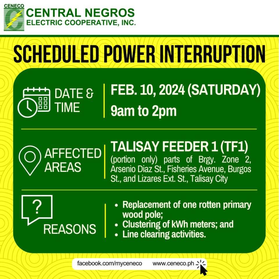 CENECO Power Advisory: Scheduled Power Interruption - Talisay Feeder 1