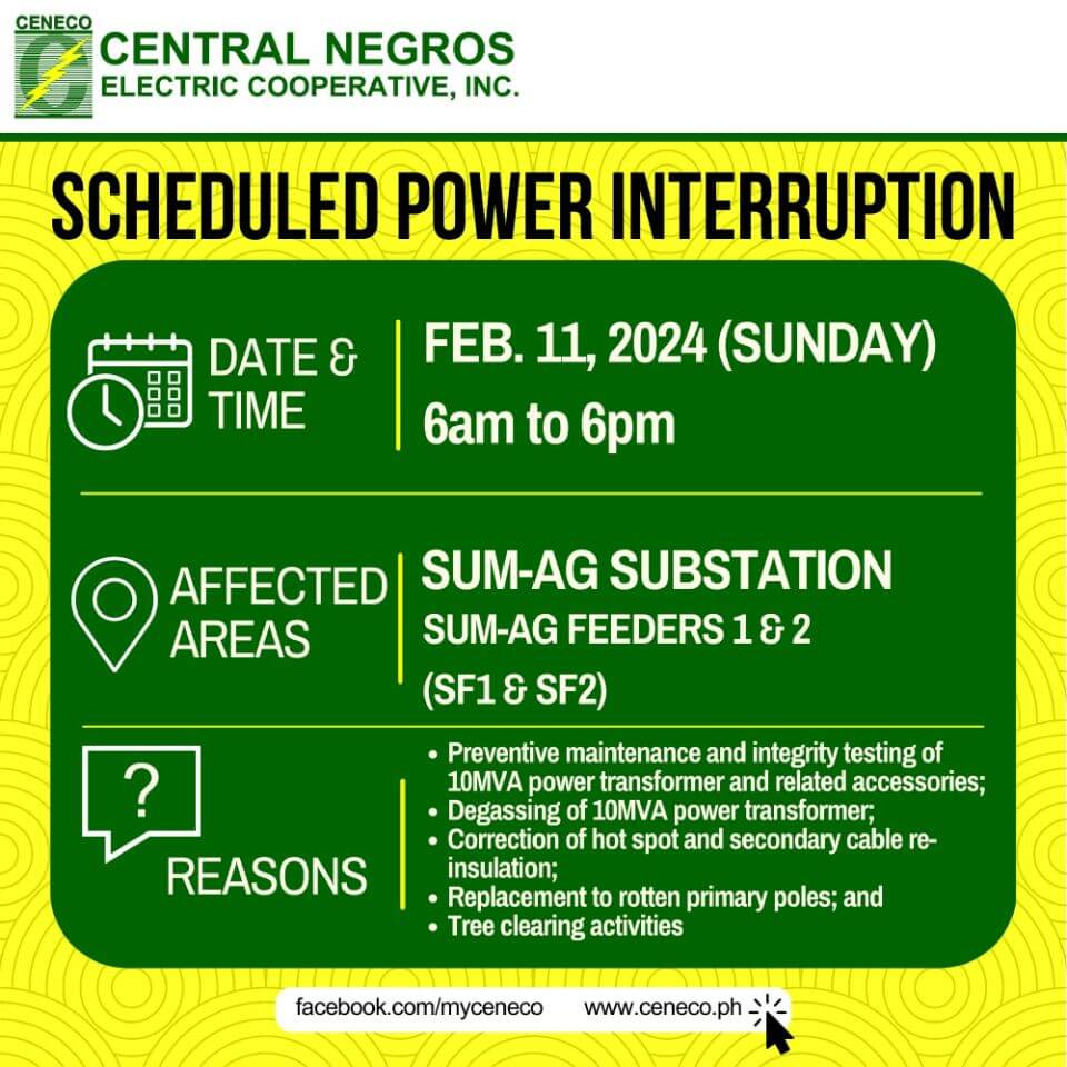 CENECO SETS POWER INTERRUPTION ON FEBRUARY 11 Central Negros