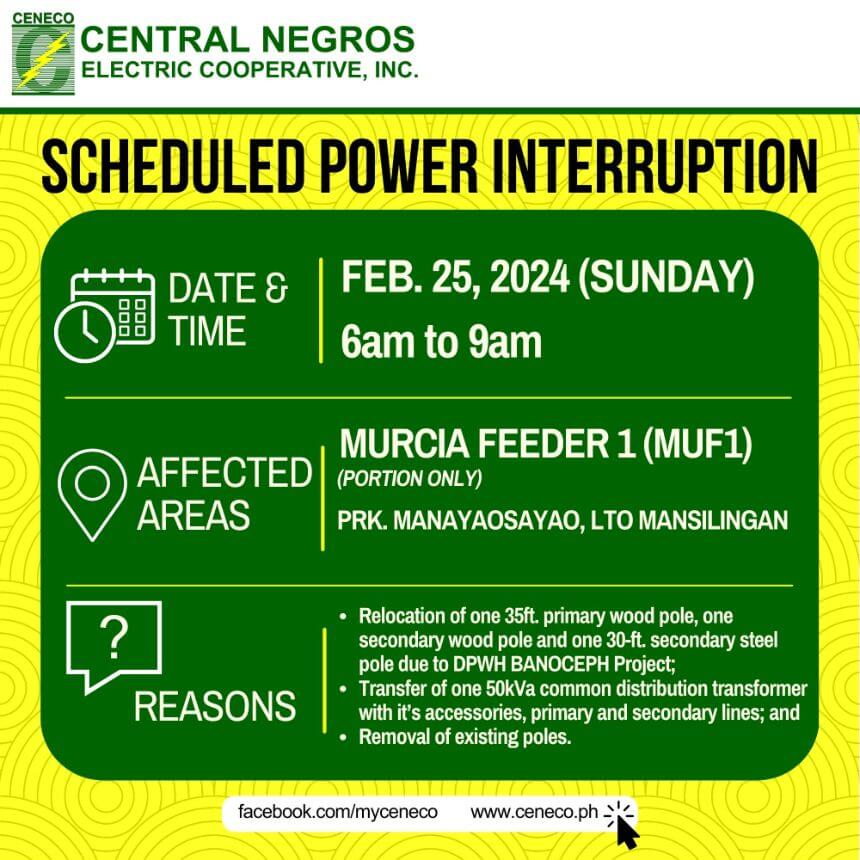 CENECO SETS POWER INTERRUPTION ON FEBRUARY 25