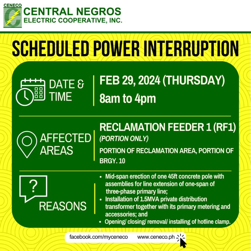 CENECO SETS POWER INTERRUPTION ON FEBRUARY 29