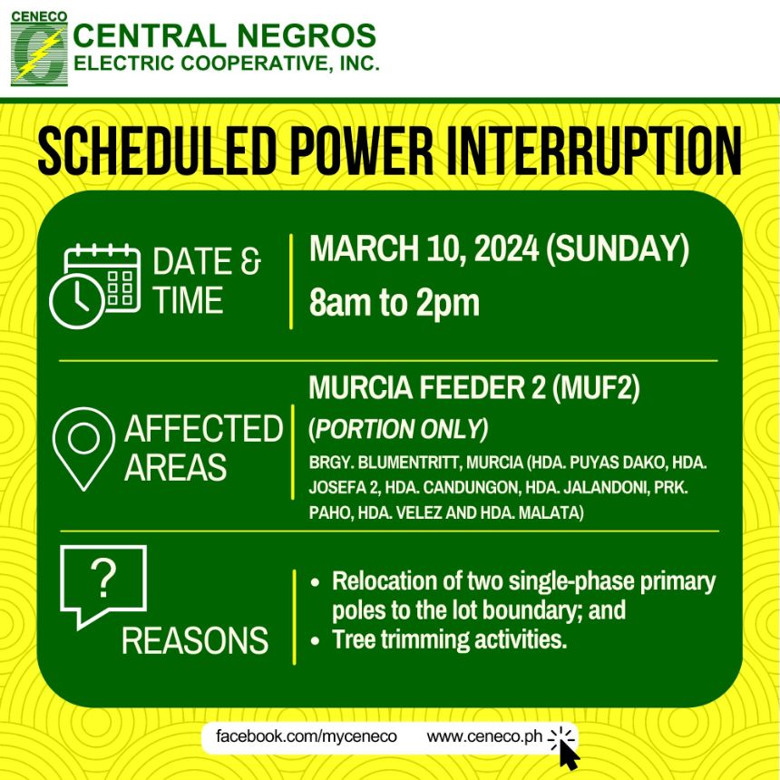 CENECO SETS POWER INTERRUPTION ON MARCH 10