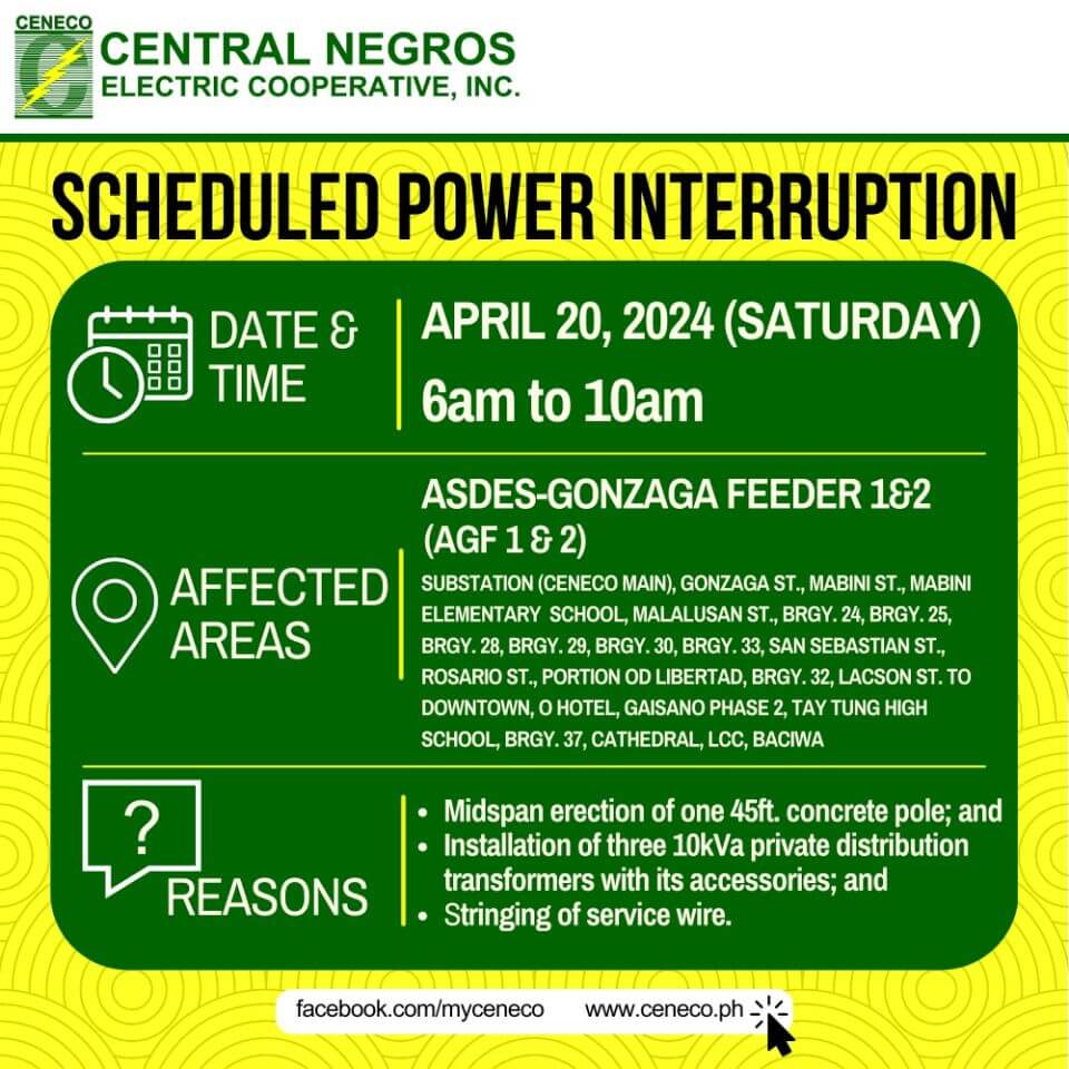 CENECO SETS POWER INTERRUPTION ON APRIL 20