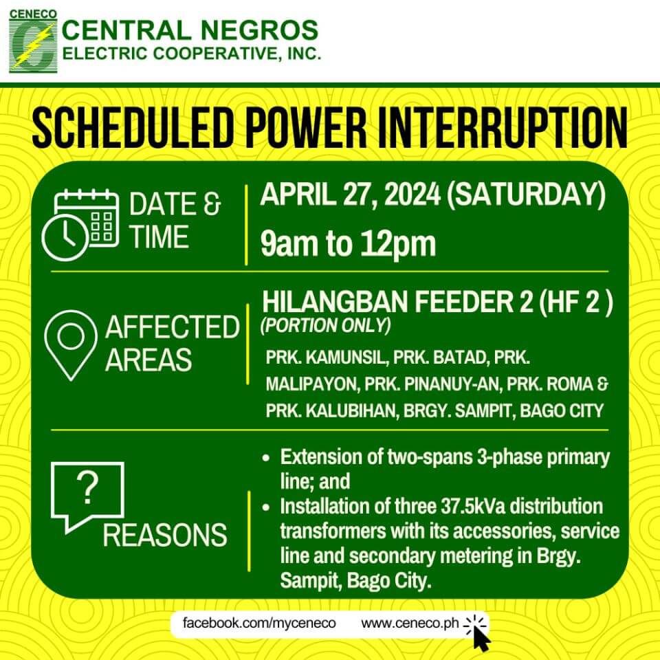 CENECO SETS POWER INTERRUPTION ON APRIL 27