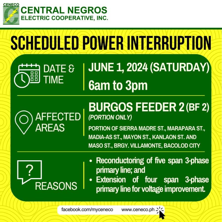 CENECO SETS POWER INTERRUPTIONS ON JUNE 1 AND 2