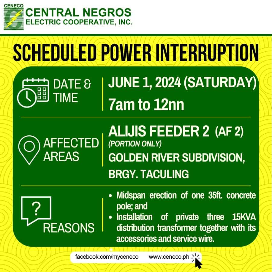 CENECO SETS POWER INTERRUPTIONS ON JUNE 1 AND 2