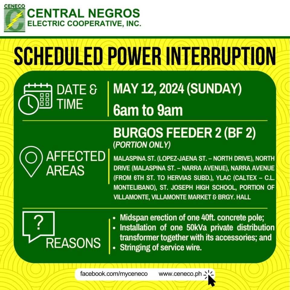 CENECO SETS POWER INTERRUPTION ON MAY 12 (AGF2 and BF2)