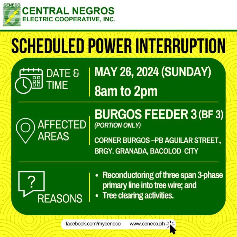 CENECO SETS POWER INTERRUPTION ON MAY 26