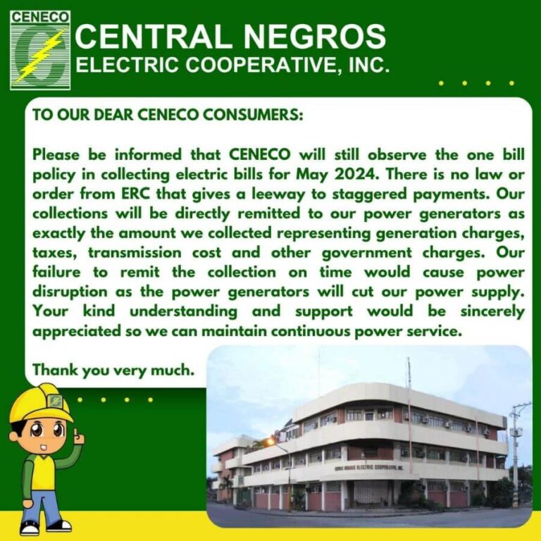 Important Notice: CENECO Maintains One Bill Policy for May 2024 to Ensure Continuous Power Supply