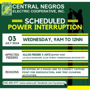 CENECO SETS POWER INTERRUPTIONS ON JULY 3