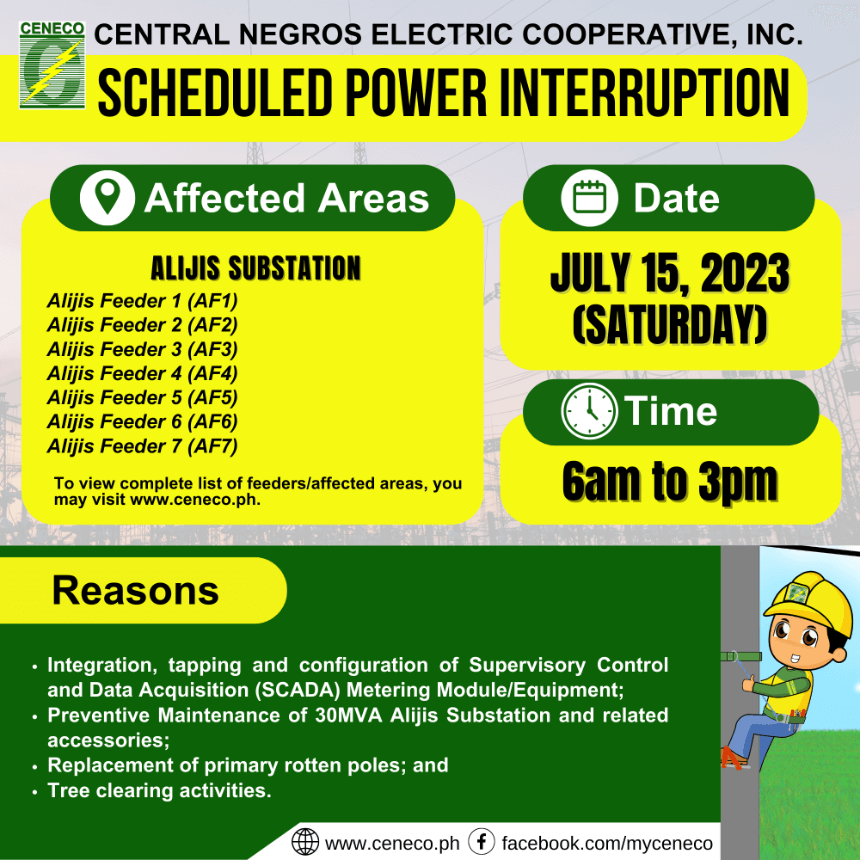 CENECO SETS POWER INTERRUPTIONS ON JULY 15-16