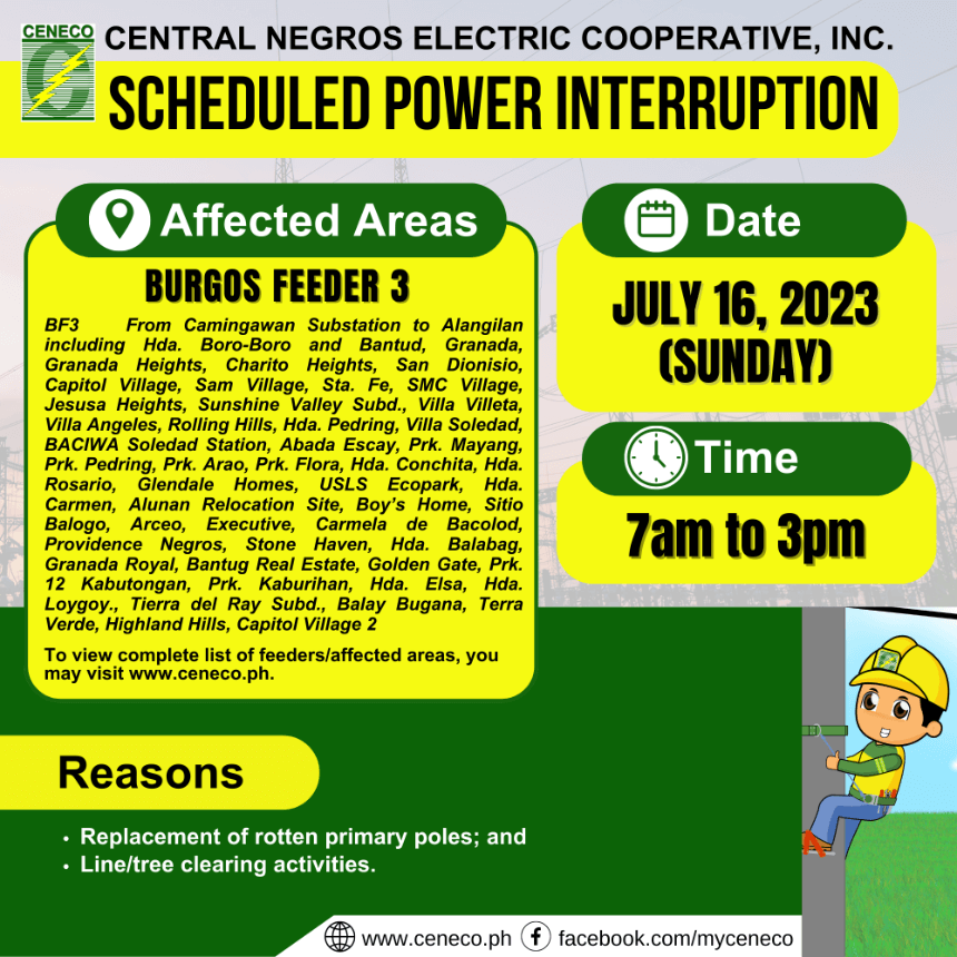 CENECO SETS POWER INTERRUPTIONS ON JULY 15-16